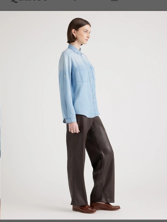 Quince Tops - Quince Light Blue Denim Shirt with Dark Brown Wide-Leg Pants